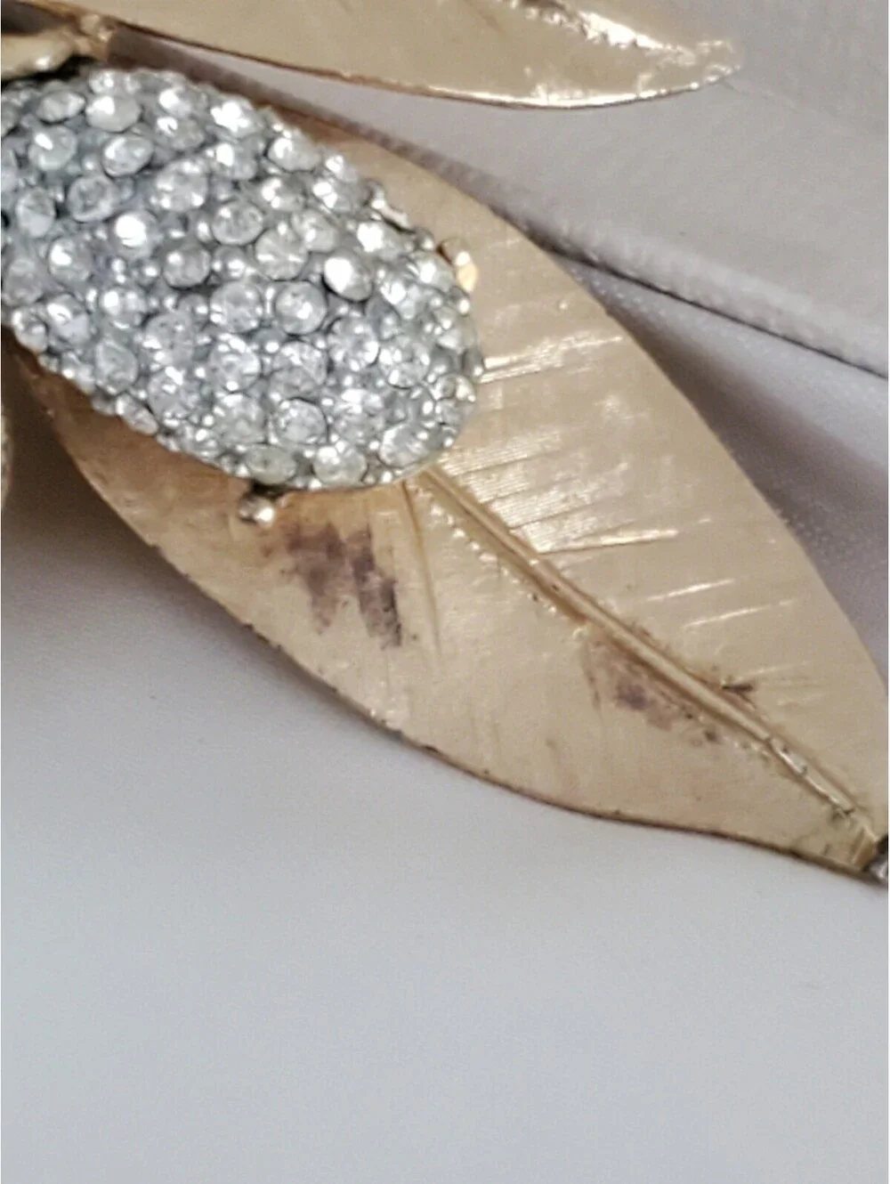 Vintage Signed BSK Flower Pod Textured Gold Tone & White Rhinestone Large Brooch